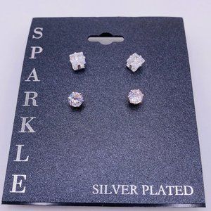 Sparkle Silver Plated Crystal 2 pairs of Stud Earrings